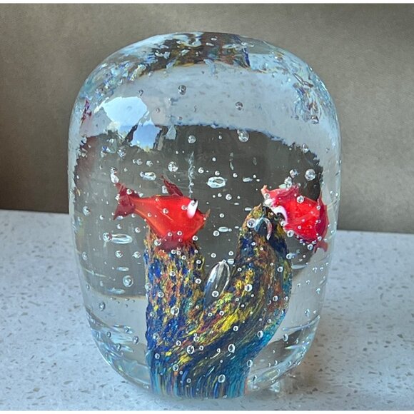 Handcrafted Blown Glass Paperweight With Colorful Fish & Bucillante Bubbles Gift - Picture 2 of 11